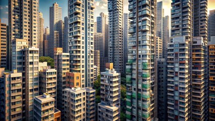 Obraz premium Concrete blocks of steel and stone align in tangled rhythm, skyscrapers' brutal beauty bridging urban sprawl's disparate threads.