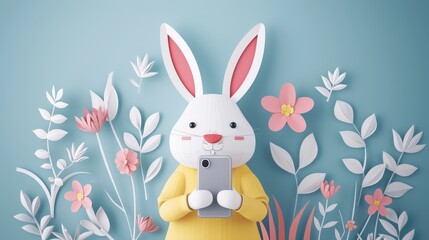 Obraz premium A rabbit holding a cell phone in front of a flowery background
