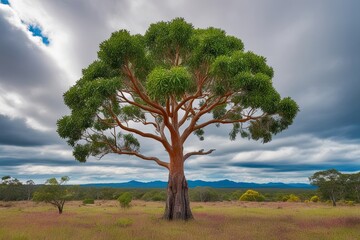 Fototapeta premium Vibrant Nature Landscape Featuring Elaeocarpus Eumundi Tree Under Dramatic Cloudy Skies