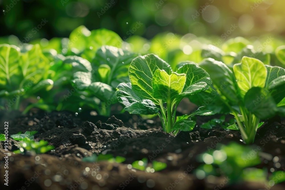 Poster a close-up view of multiple plants growing in the soil, ideal for use as a background or texture ima