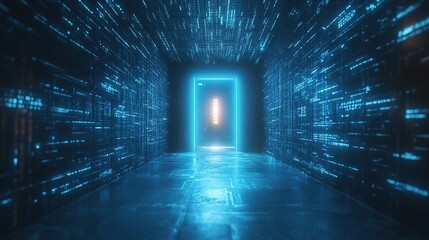 Abstract door in tunnel with digital data center light signal. Future computer technology concept of cyber gateway in cyberspace or metaverse.
