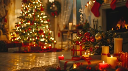 Fototapeta premium A cozy holiday setting with a glowing tree and gifts, radiating festive cheer and warmth throughout the room