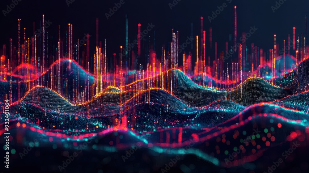 Poster abstract data visualization digital landscape with colorful lights