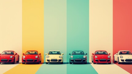 A row of cars are parked in a row, with each car being a different color