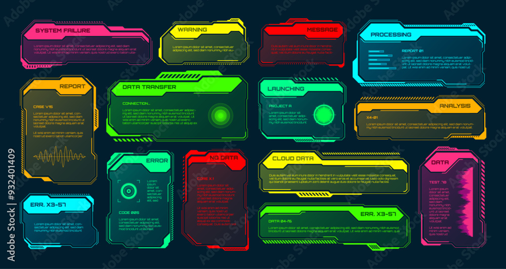 Poster futuristic hud or ui elements. sci-fi user interface text boxes, callouts. colorful warning message 