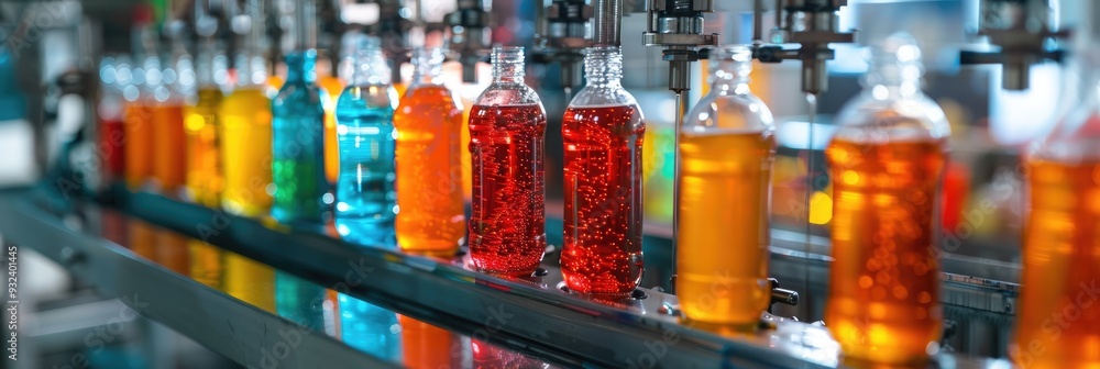 Poster automated machine filling plastic bottles with a range of drinks.