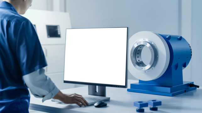 A technician works on a computer while examining a large industrial machine in a well-lit workshop environment