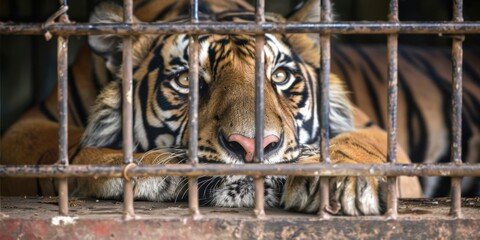 A chained tiger in a small cage, with a weary expression