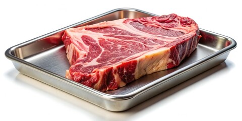 Juicy fresh T-bone steak with vibrant marbling patterns lies on a sleek steel tray, isolated against a pristine white background, waiting for culinary mastery.