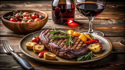 Juicy grilled steak served on a elegant dinner plate with roasted vegetables, paired with a glass of rich red wine on a rustic wooden table.