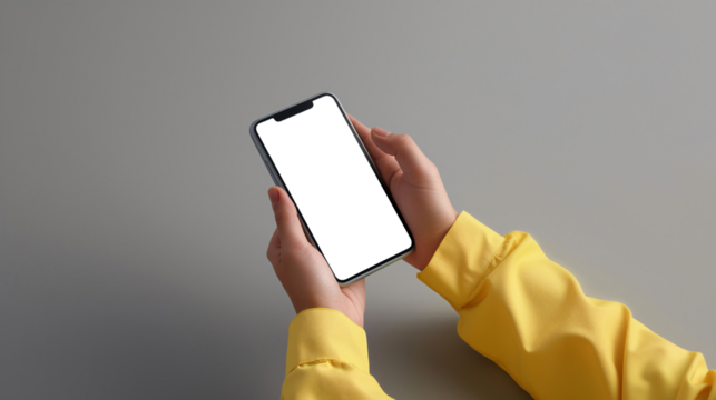 A user interacts with a smartphone displaying a blank screen, dressed in a vivid yellow jacket against a neutral backdrop