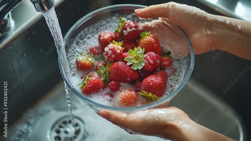 Poster A woman hands holding a bowl of strawberries and berries under running water, capturing the moment of washing fresh, nutritious fruits in the kitchen sink.