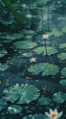 Water lily blossoms rise above lush green leaves as raindrops fall softly on a peaceful pond