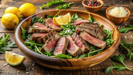 Juicy slices of grilled steak sit atop a bed of fresh arugula, surrounded by sliced lemons and a sprinkle of parmesan cheese in a rustic wooden bowl.