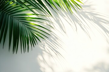 Obraz premium Palm leaves cast shadows on a white wall. This photo is perfect for creating a tropical, summery vibe in your designs.