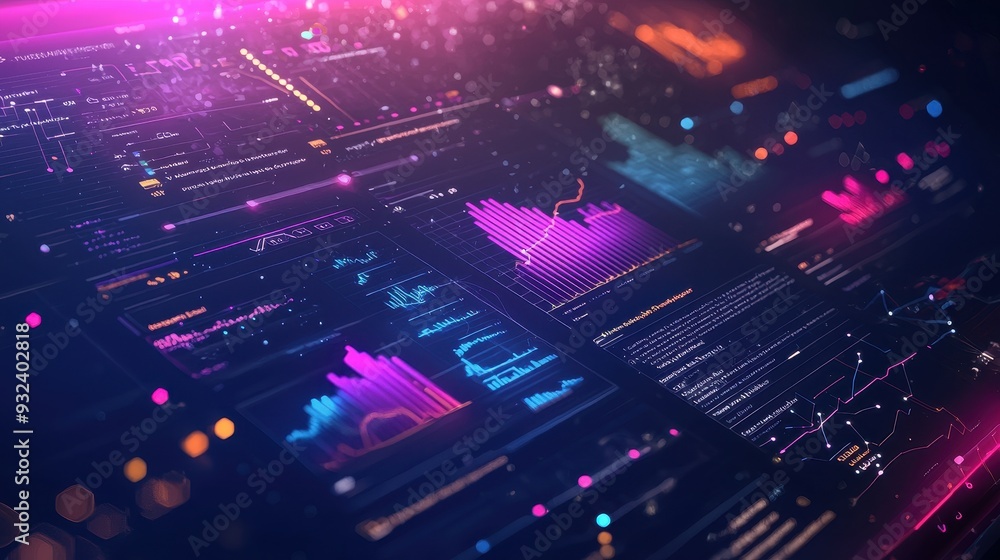 Poster futuristic technology interface with data analysis and charts