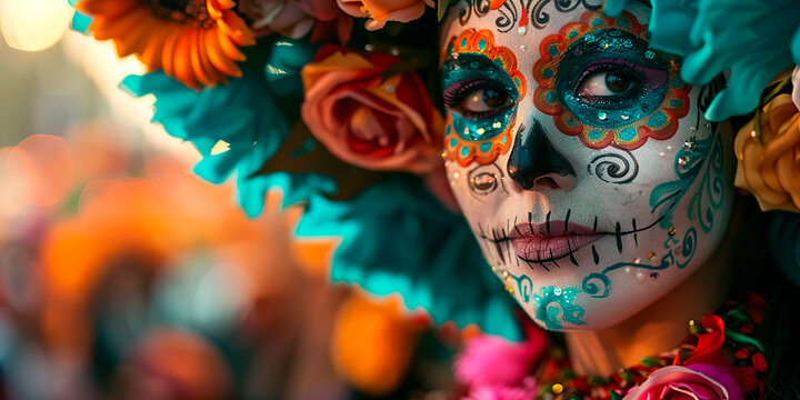 Acercamiento a mujer maquillada de Catrina mexicana, con colores azul y naranja, festejos de d&iacute;a de muertos en M&eacute;xico
