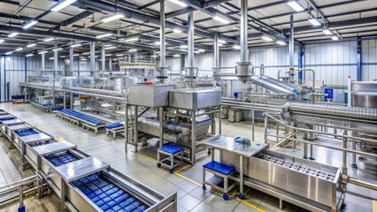 Naklejka premium Large-scale food processing facility with stainless steel equipment, pipes, and conveyor belts, showcasing a clean and organized manufacturing environment for production and quality control.