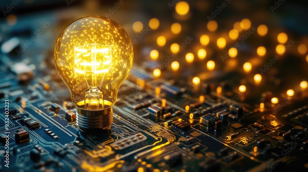 Poster bright yellow lightbulb illuminating a complex circuit board, representing the power of ideas and te