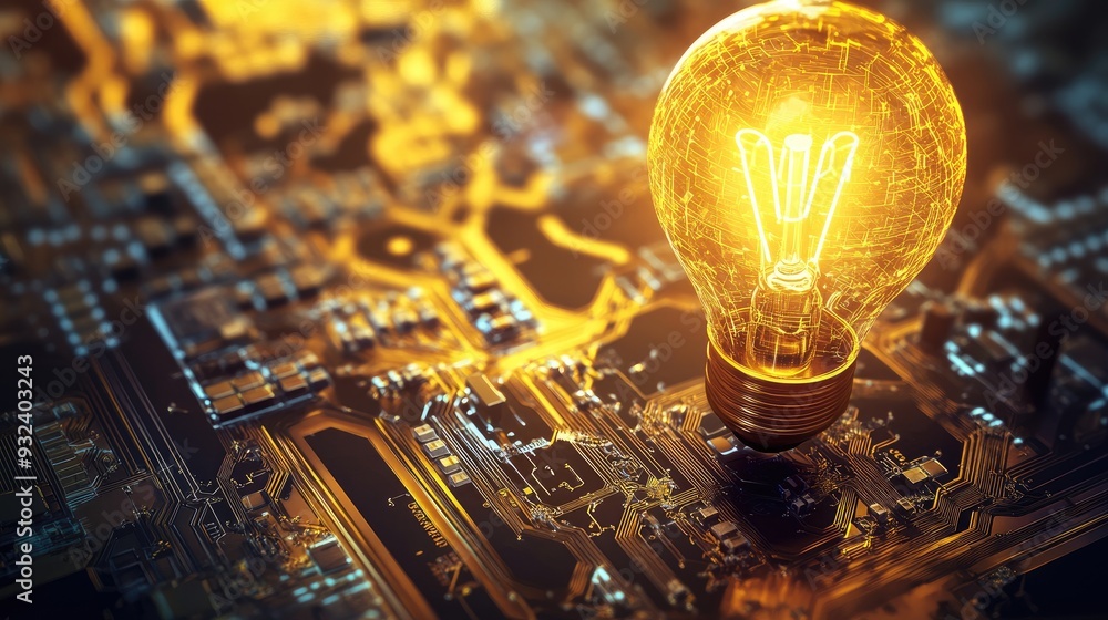 Poster bright yellow lightbulb illuminating a complex circuit board, representing the power of ideas and te