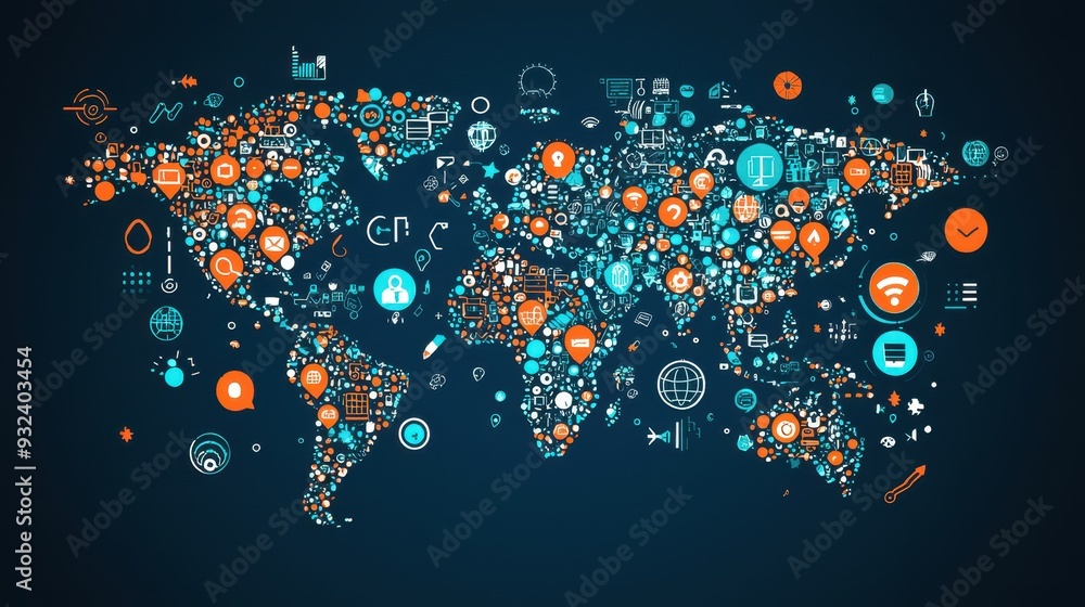 Poster global network connection technology business icons world map digital communication abstract modern 