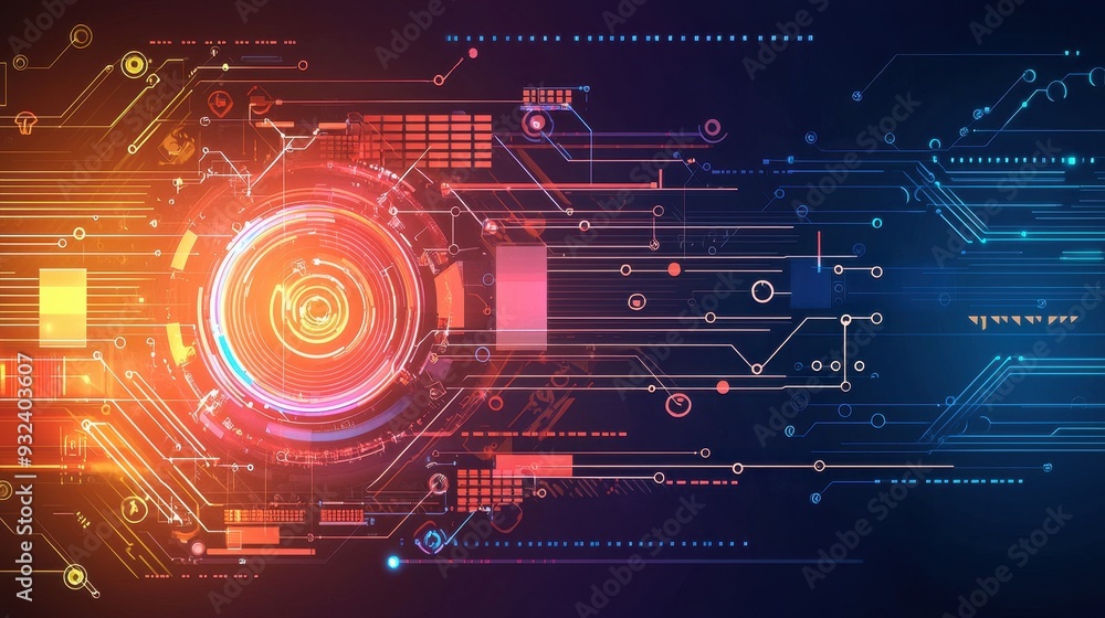 Poster abstract technology circuit board design with glowing lines and circles
