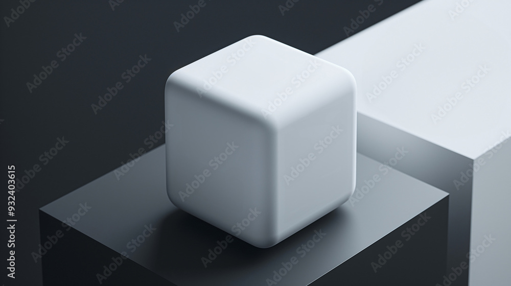 Poster a white cube stands on a dark block beside a lighter block, showcasing minimalist design elements an