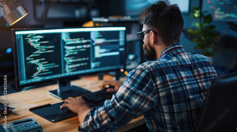 Poster a person sitting at a desk with two computer monitors, working or studying