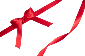 Red ribbon bows in one corner and bow, for gift. Transparent background, PNG format
