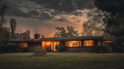 Obraz premium A single-family residence under an overcast evening sky, providing a cozy atmosphere