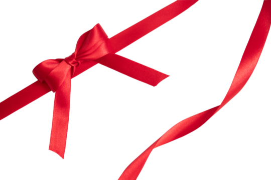 Red ribbon bows in one corner and bow, for gift. Transparent background, PNG format - Powered by Adobe