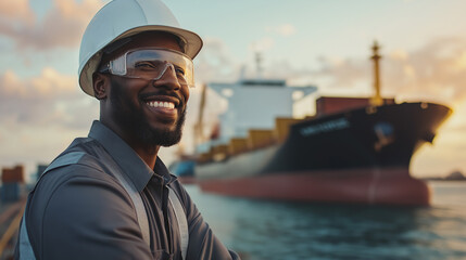 Um homem negro sorrindo usando roupas de trabalho e um capacete de segurança branco e ao fundo um grande navio de carga ancorado em um porto