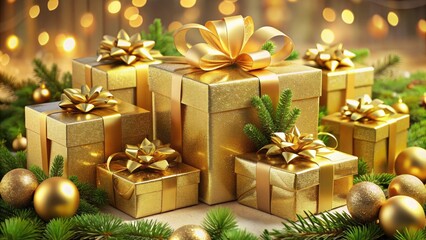 Luxuriant golden gift boxes adorned with elegant bows and ribbons, stacked atop each other, surrounded by festive greenery, evoking a sense of opulent holiday cheer.
