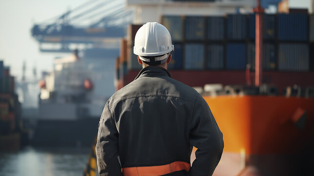 Close-up de um homem de costas com roupas de trabalho cinza e capacete de segurança branco observando um grande navio carregado com containers em um porto comercial
