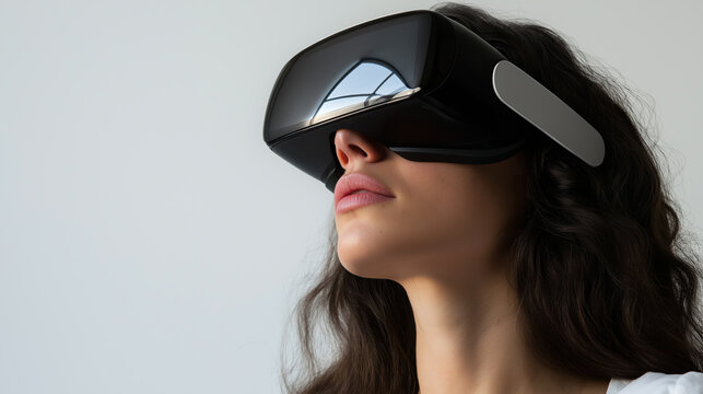 Close-up de uma mulher usando um &oacute;culos de realidade virtual moderno e tecnol&oacute;gico