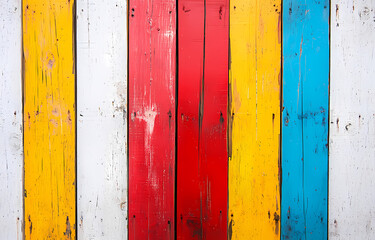 Vibrant wooden wall in red, blue, and yellow hues.
