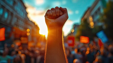 A raised fist against a backdrop of a crowd. Represents protest, power, and solidarity.