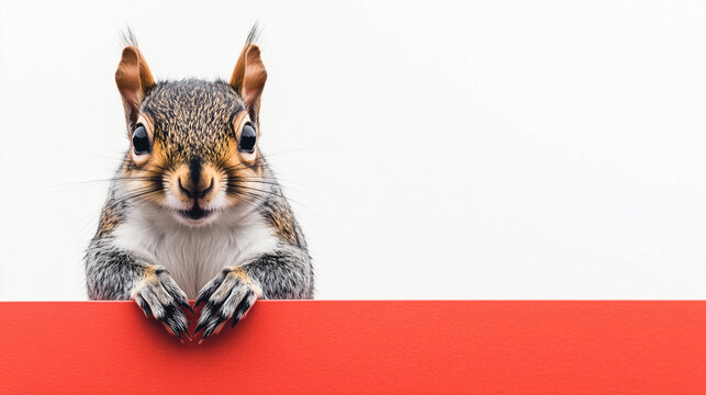 Close-up de um esquilo escorado sobre uma superf&iacute;cie vermelha 