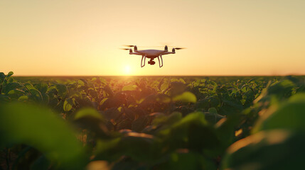 Um drone moderno sobrevoando uma plantação durante o pôr do sol