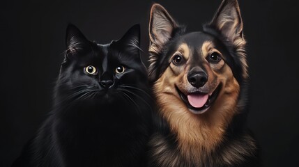 Obraz premium Close-up studio portrait of a joyful Icelandic Sheepdog and a calm black cat sitting together, highlighting the warmth and friendship between these two adorable pets.