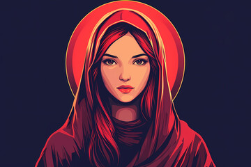 Beautiful Cartoon Portrait of Holy Mary in Red Hood