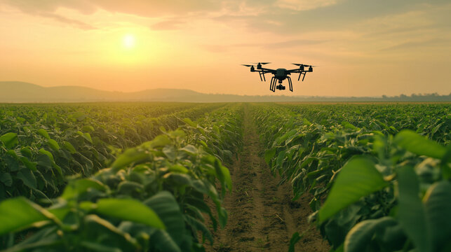 Um drone moderno sobrevoando uma planta&ccedil;&atilde;o durante o p&ocirc;r do sol