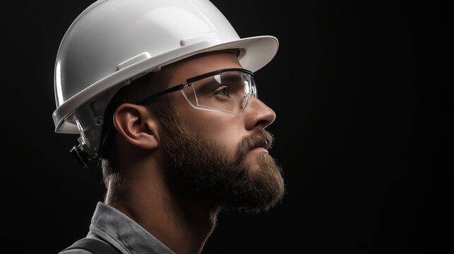 Close-up de um homem trabalhador usando &oacute;culos e capacete de seguran&ccedil;a isolado em fundo escuro