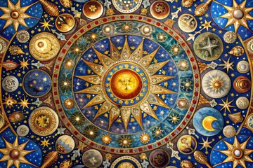 Cosmic tapestry unfurls revealing intricate patterns of interstellar dance, celestial bodies suspended in a kaleidoscope of color and light, a symphony of geometric harmony.