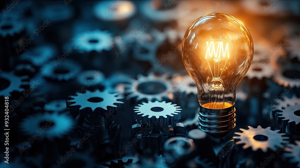 Poster glowing light bulb surrounded by cogwheel gears, symbolizing innovation and creativity. perfect for 