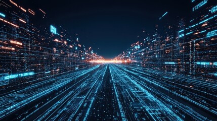 Obraz premium Abstract Digital Highway with Glowing Blue Lines and Data Streams