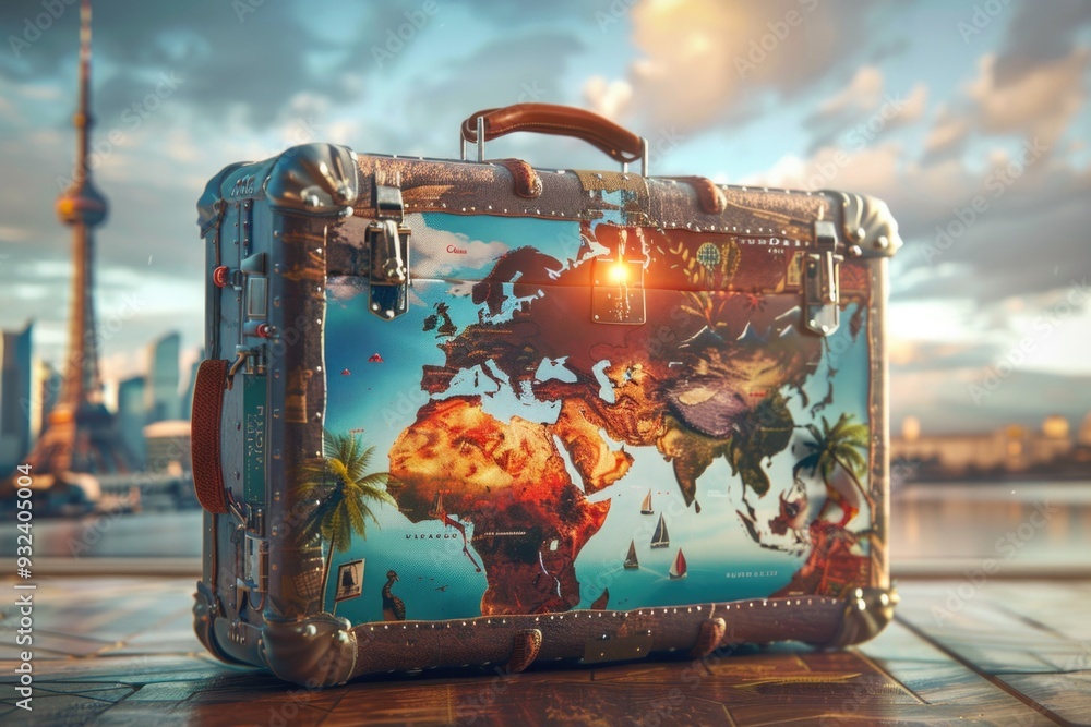 Poster A suitcase with a map of the world printed on it, ideal for travel and adventure themed projects