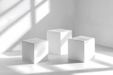 Obraz premium Minimalist arrangement of white cubes casting shadows on floor