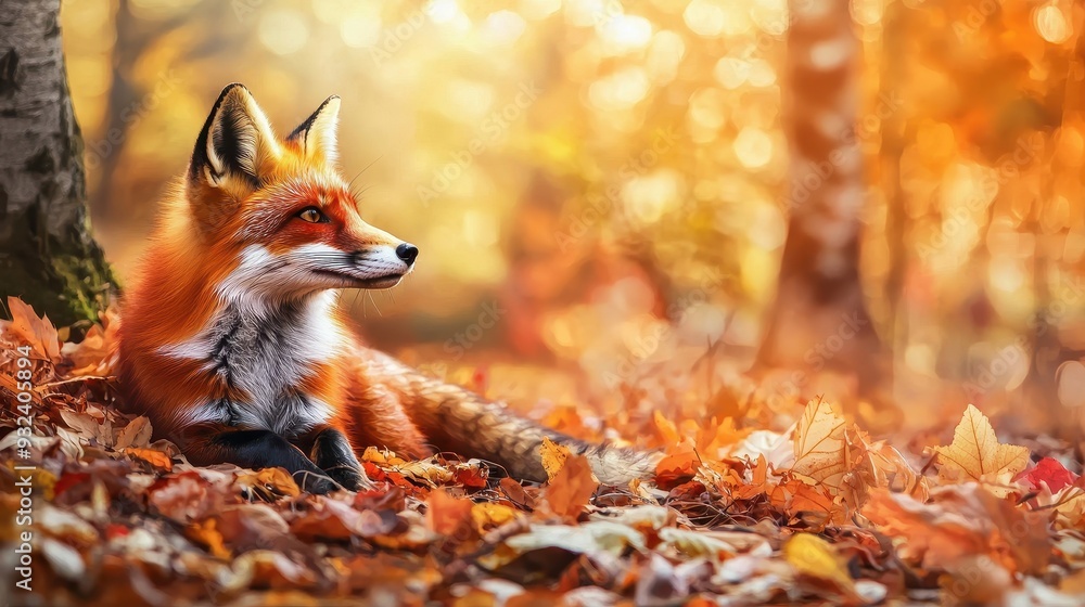 Wall mural red fox in autumn forest with golden light