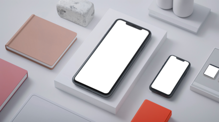 A sleek workspace showcases two smartphones and various notebooks arranged neatly for a modern look
